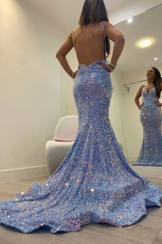 Gorgeous Shiny Blue Sequins Mermaid Backless Prom Dress, Formal Gown CHP0129