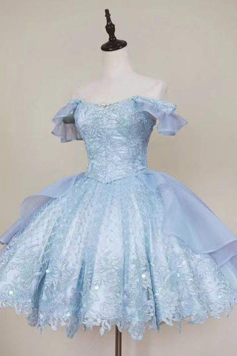 Vintage Classic Lolita Jumper Dress,Off-the-Shoulder Blue Lace Applique Short Homecoming Dress chh0090