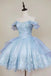Vintage Classic Lolita Jumper Dress,Off-the-Shoulder Blue Lace Applique Short Homecoming Dress chh0090