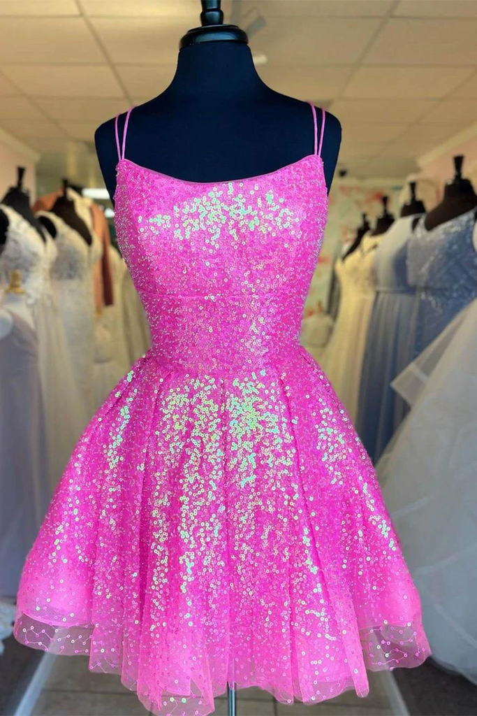 Sparkly A-line Barbie Pink Sequins Short Party Dress,Mini Prom Dress, cherishgirls Sparkly A-line Barbie Pink Sequins Short Party Dress,Mini Prom Dress, cherishgirls