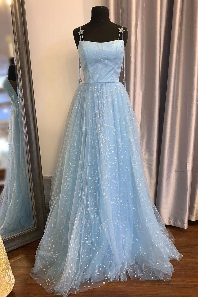 Elegant A-Line Light Sky Blue Tulle Spahetti Straps Dress with Appliques CHP0118