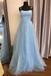 Elegant A-Line Light Sky Blue Tulle Spahetti Straps Dress with Appliques CHP0118