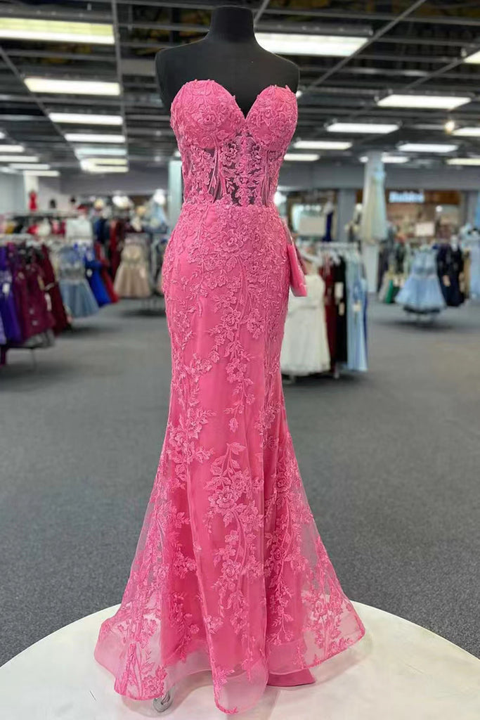 Hot Pink Mermaid Lace Prom Dresses With Appliques, Formal Evening Dres cherishgirls Hot Pink Mermaid Lace Prom Dresses With Appliques, Formal Evening Dres cherishgirls