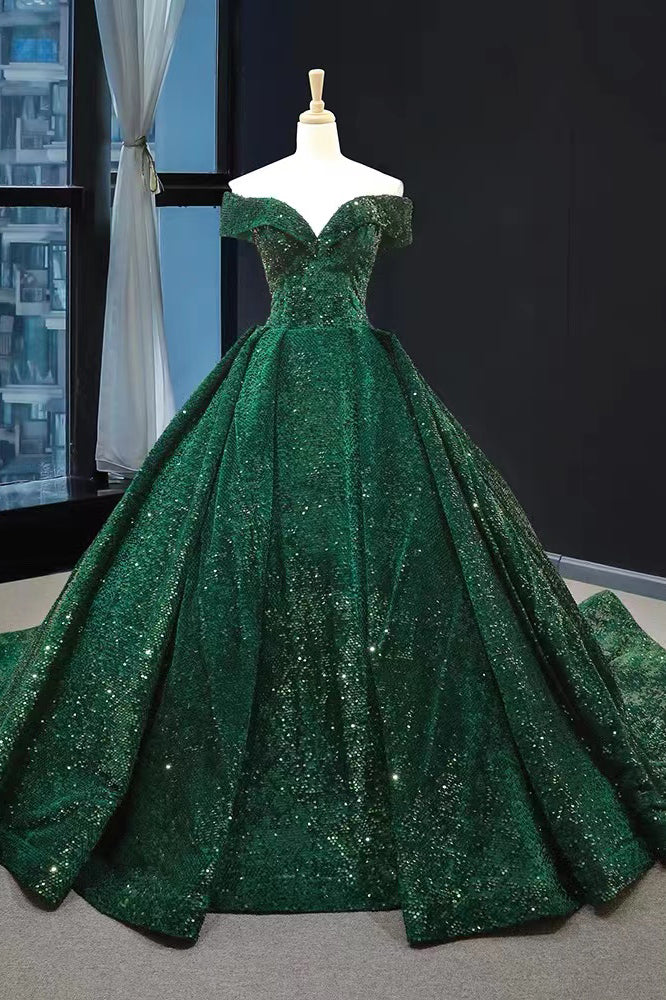 Shiny Green Sequins Ball Gown Prom Dresses, Gorgeous Off the Shoulder Quinceanera Dresses CHP0178