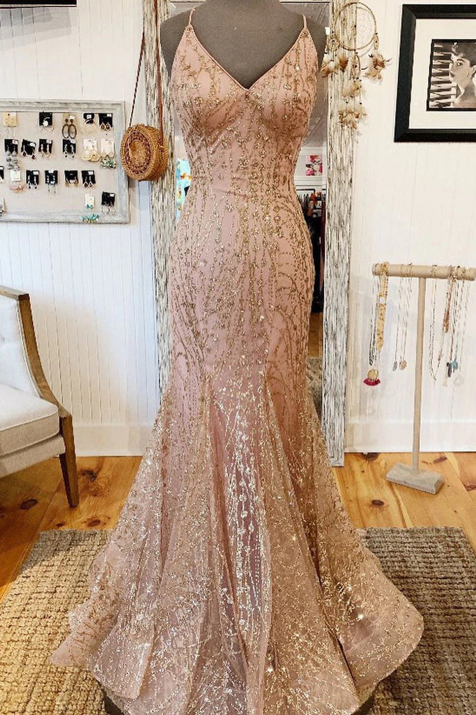 Shiny Rose Gold Mermaid V-Neck Long Prom Dress with Criss Cross Back, Floor-Length Party Dresses CHP0111 Shiny Rose Gold Mermaid V-Neck Long Prom Dress with Criss Cross Back, Floor-Length Party Dresses CHP0111