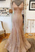 Shiny Rose Gold Mermaid V-Neck Long Prom Dress with Criss Cross Back,  Floor-Length Party Dresses CHP0111