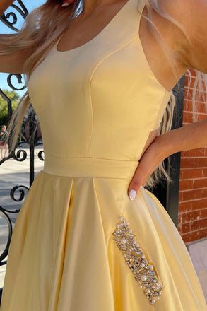 Gorgeous Yellow Satin Cutout Back A-Line Formal Dress With Rhinestones, Evening Gown CHP0180