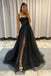 Black A Line Spaghetti Straps Prom Dresses With Slit, Sparkly Party Gown CHP0137
