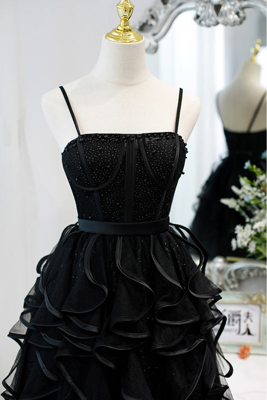 Black Spaghetti Straps Tulle Homecoming Dress with Layers, Mini Prom Gown CHH0075