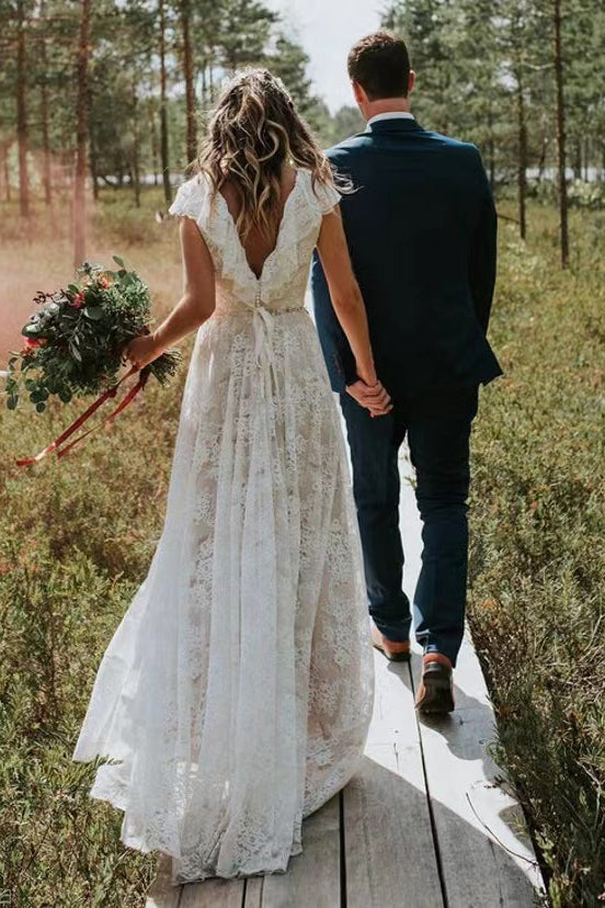 Cap Sleeves Lace V Back Beach Wedding Dresses, Elegant Bride Gowns CHW0137