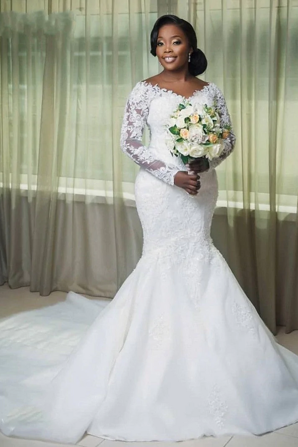 Aesthetic Mermaid V Neck White Lace Wedding Dress, Long Sleeves Bridal ...