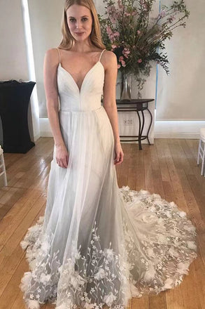 Deep V Neck Spaghetti Straps Ivory Appliques Bottom Backless Wedding Dresses, Bridal Gown CHW0162