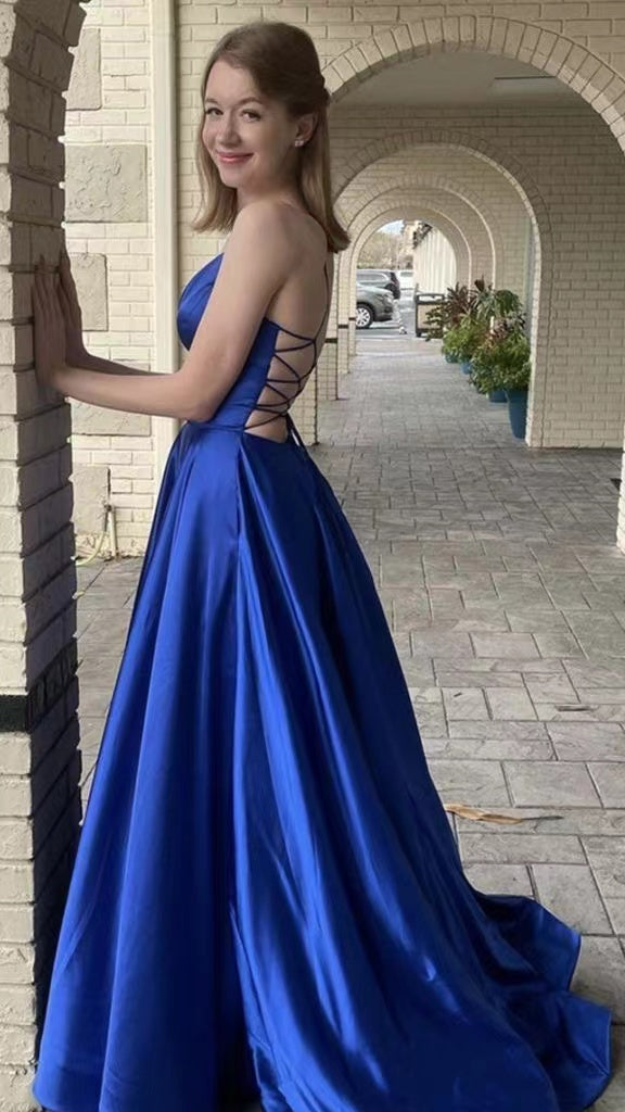 Simple Blue V Neck Spaghetti Straps Satin Long Prom Dress Formal Dress With Pockets chp0084