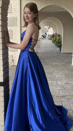 Simple Blue V Neck Spaghetti Straps Satin Long Prom Dress Formal Dress With Pockets chp0084
