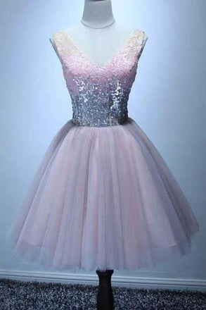 Sequines V-neck Tulle Homecoming Dress Shining Short Prom Dress UQ2141