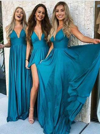 Sexy Plunging Neck Satin Chiffon Long Evening Bridesmaid Dress with Split chb0005