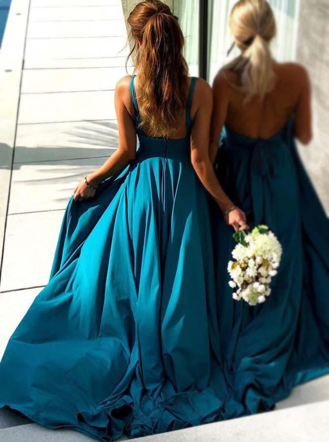 Sexy Plunging Neck Satin Chiffon Long Evening Bridesmaid Dress with Split chb0005