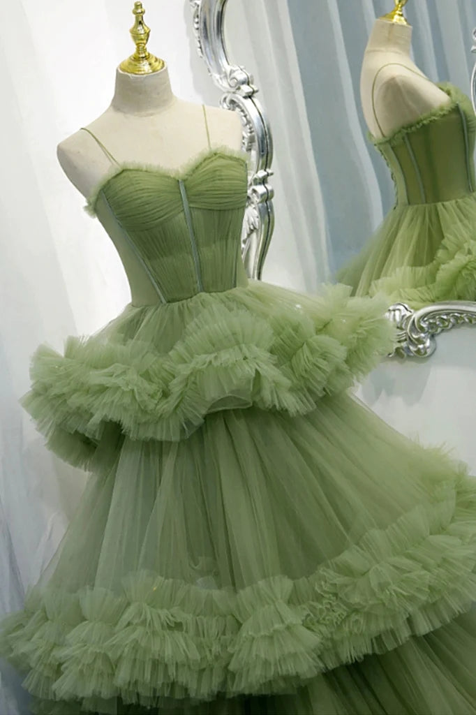 Princess Green Tulle Spaghetti Straps Lace up Prom Dresses With Layers, Sweetheart Formal Gown CHP0166
