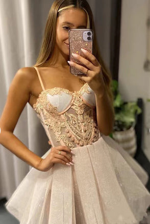 Glitter Spaghetti Strap Sleeveless Tulle Homecoming Dresses, Graduation Dresses, Sweet Dress chh0109