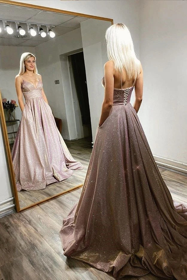 Sparkly A-line V Neck Pink Long Prom Dresses, Shiny Long Formal Evening Dresses CHP0114