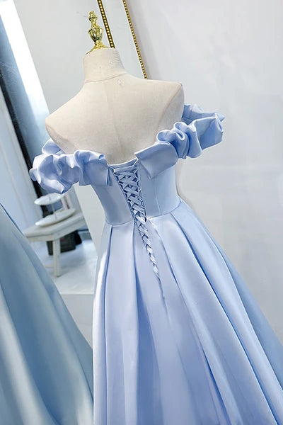 Blue Satin Simple Off Shoulder Long Party Dress 2021, A-Line Light Blue Prom Dresses chp0020