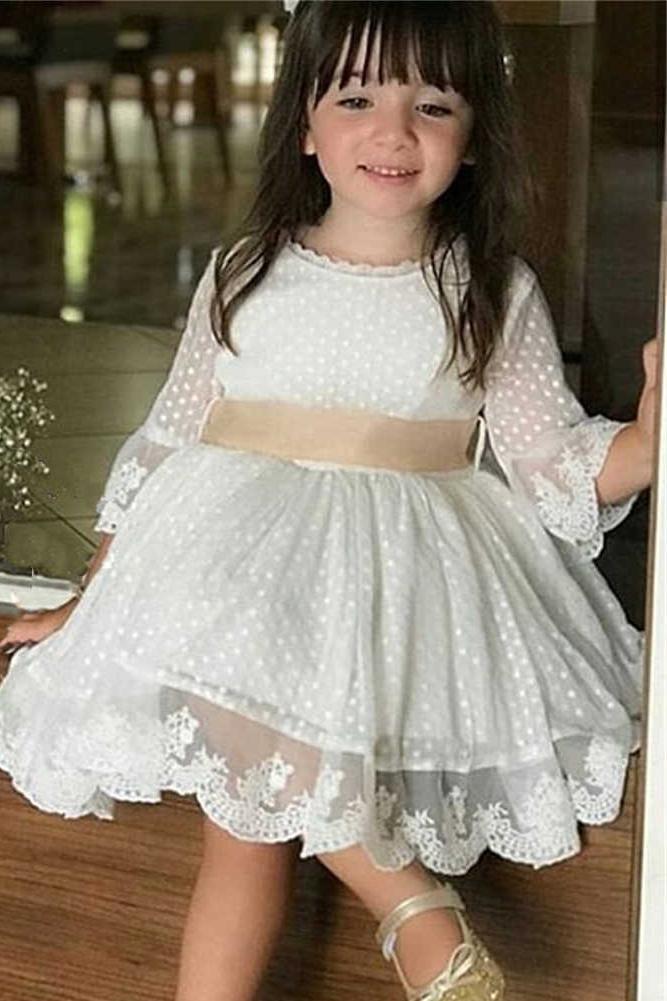 A Line 3/4 Sleeve Lace Flower Girl Dresses Above Knee Baby Dress with Sash UF083