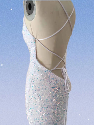 Glitter Mermaid Spaghetti Straps Sparkly Prom Dress Sequin Long Backless Evening Gown chp0086