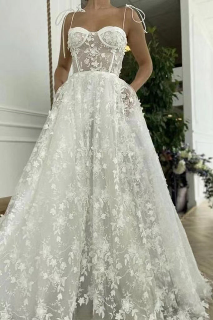 A-Line Spaghetti Straps Beach Wedding Dresses With Applique,Simple Bridal Gown CHW0160