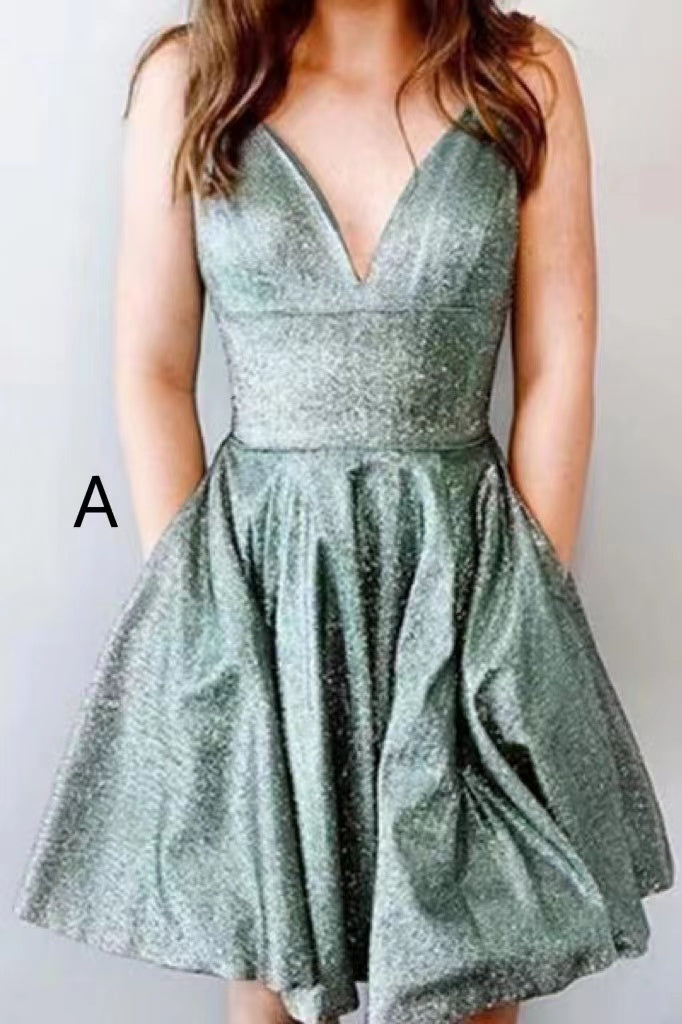 Green Spaghetti Straps V Neck Short Formal Homecoming Dresses, Mini Prom Gown CHH0096