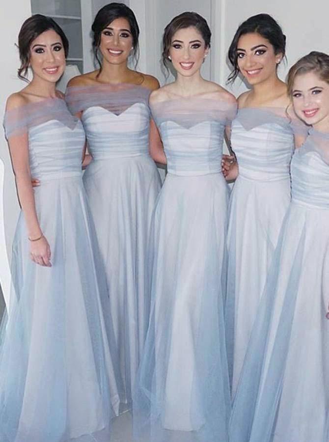 Light Blue Cheap Bridesmaid Dresses, New Style Tulle Long Wedding Party Dress chb0018
