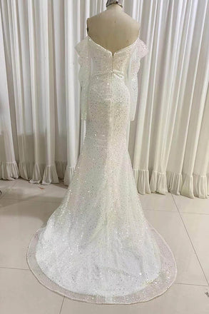 Off-the-Shoulder Ivory Mermaid Sequined Prom Dress With Long Sleeves, Sparkly Long Party Dresses CHW0147