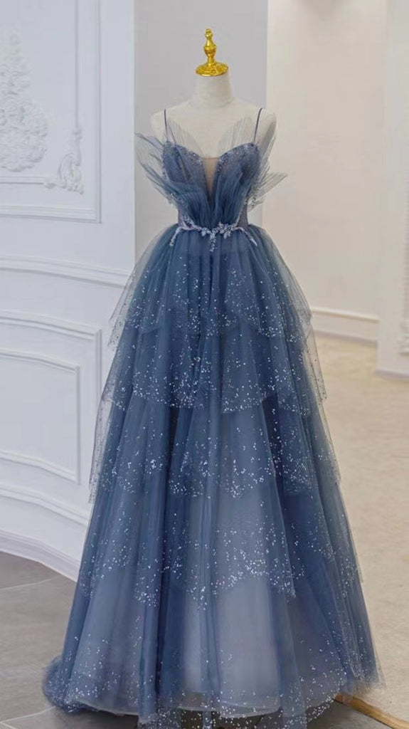Shiny Tulle A-Line Spaghetti Straps Blue Prom Dresses Party Gowns Evening Dress CHP0062