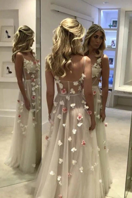 Unique Sweetheart Tulle White Long Prom Dress, White Evening Dress With Hand-Made Flower CHP0097