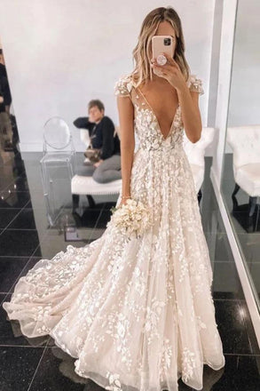 Stylish V Neck Tulle Cap Sleeves Appliques Long Prom Dress, Party Dress CHW0005