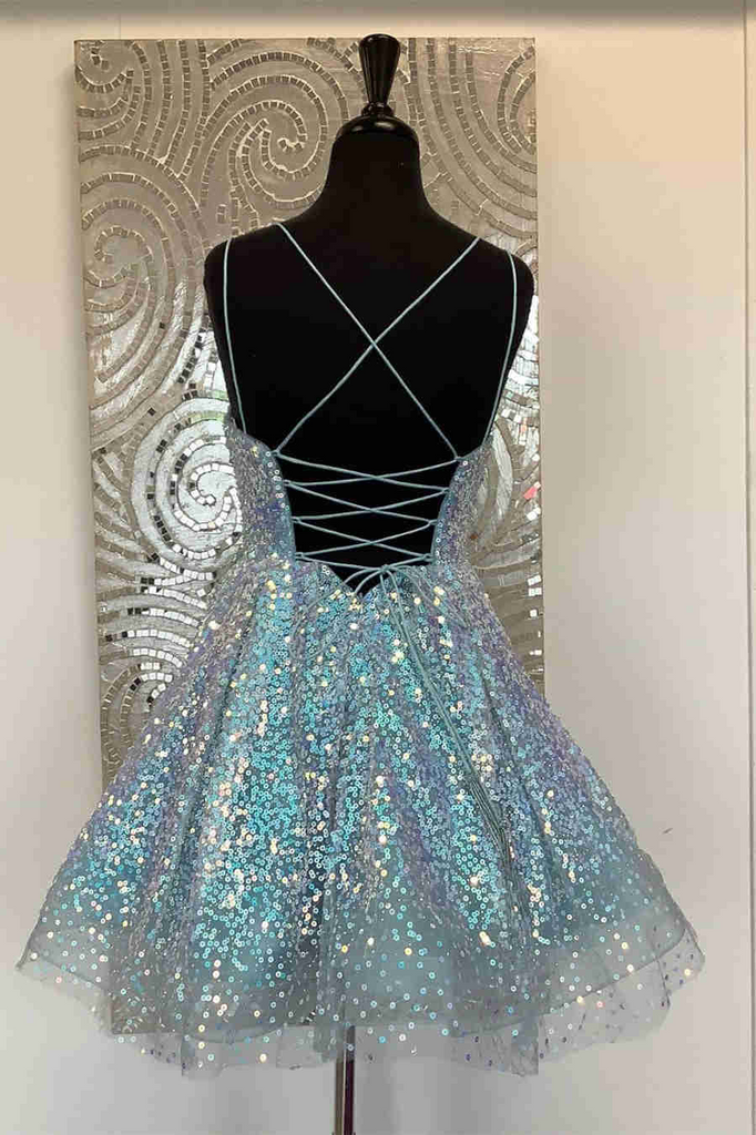 Sparkly A-line Light Blue Sequins Short Party Dress,Mini Prom Dress, Graduation Dresses chh0076