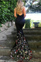 Black Mermaid Stretch SatinSpaghetti Straps V-Neck Brush Train Prom Dresses With Appliques CHP0125