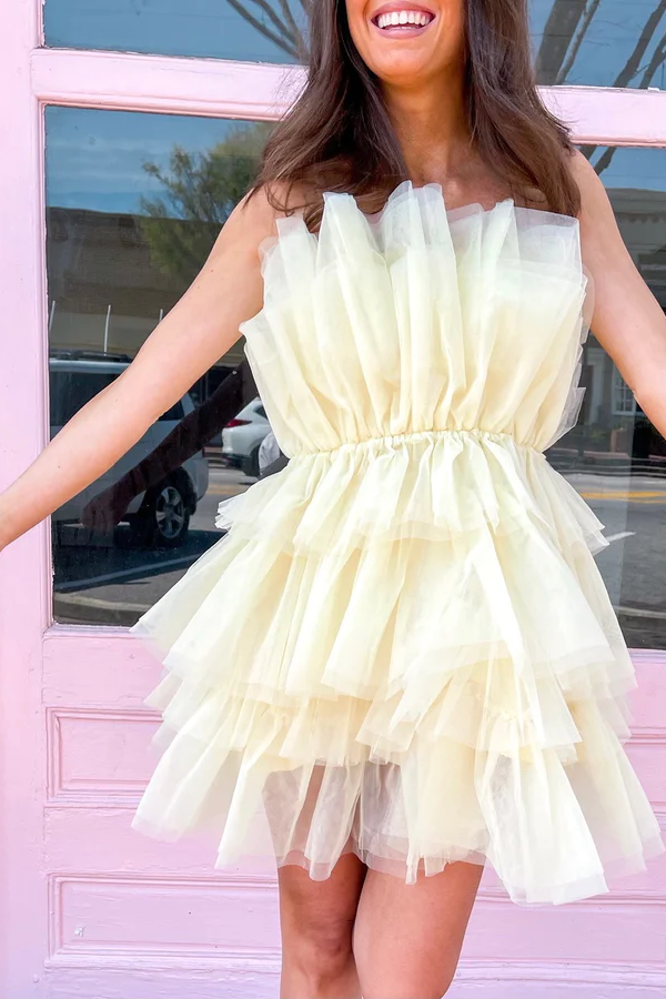 Yellow Strapless Tiered Homecoming Dress With Layers, Party Gown chh0128