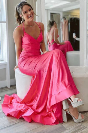 Gorgeous Hot Pink Satin Mermaid Long Prom Dress, Formal Dress CHP0177