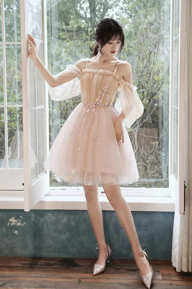 Off-the-Shoulder Pink Tulle Short Homecoming Dress With Applique chh0095