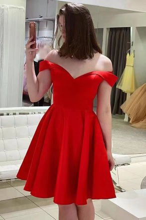 Simple Off the Shoulder Red Homecoming Dress Short Satin Hoco Dress,Party Gowns chh0100