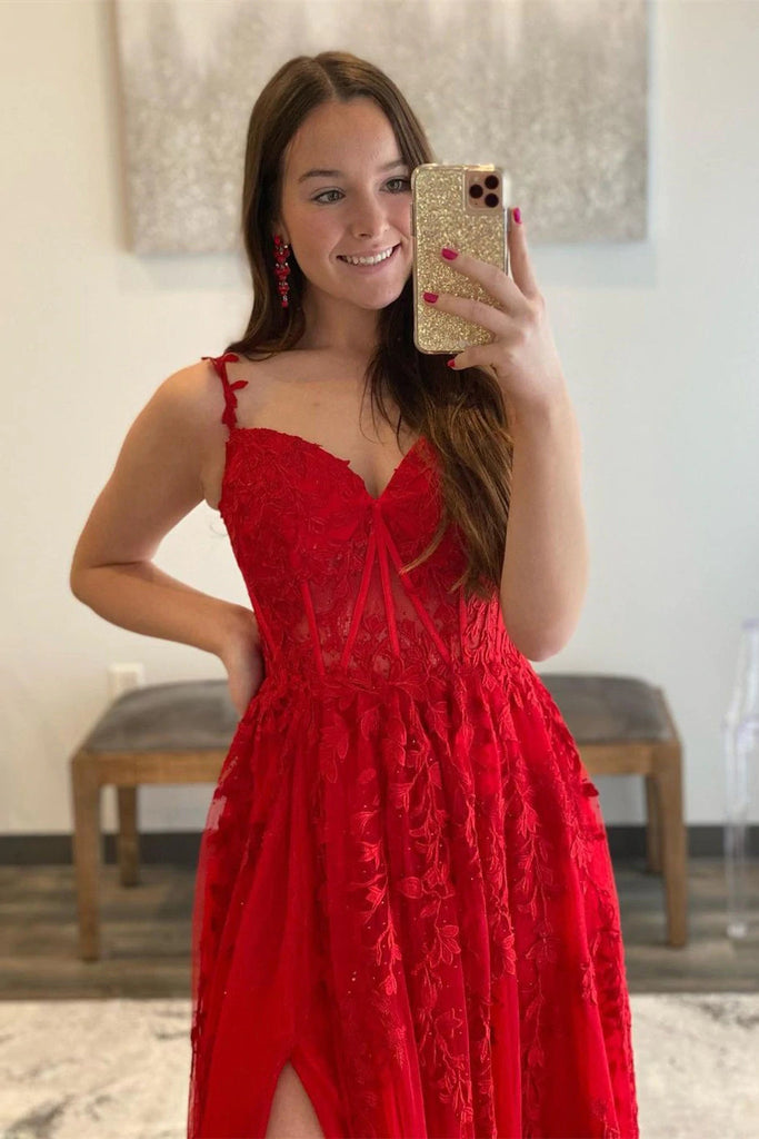Elegant A-line Red Lace Spaghetti Straps Prom Dresses With Applique,Party Gown With Slit chp0131