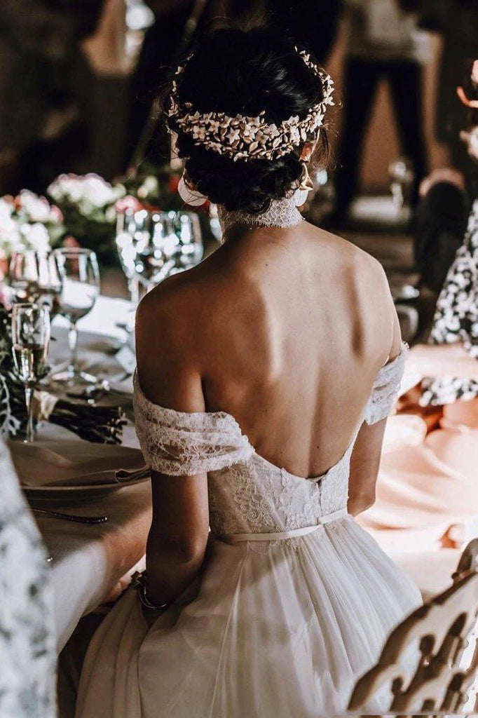 A Line Off-the-Shoulder Ivory Lace Bridal Dress With Slit, Wedding Dress CHW0163