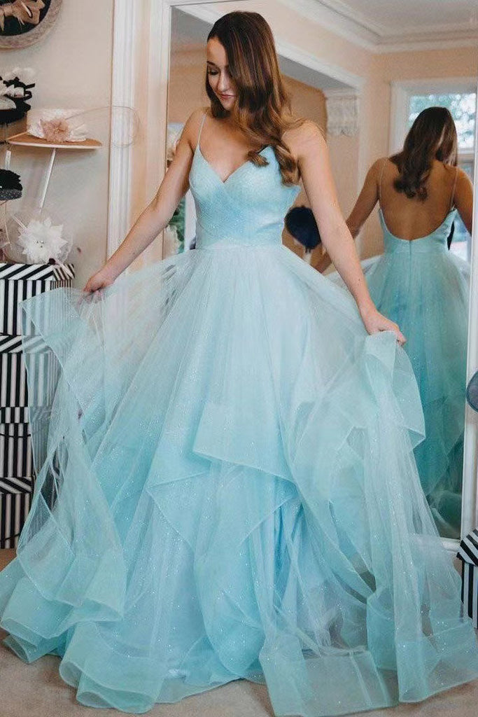 Princess Tiffany Blue Tulle Spaghetti Straps V Neck Prom Dresses, Long cherishgirls Princess Tiffany Blue Tulle Spaghetti Straps V Neck Prom Dresses, Long cherishgirls