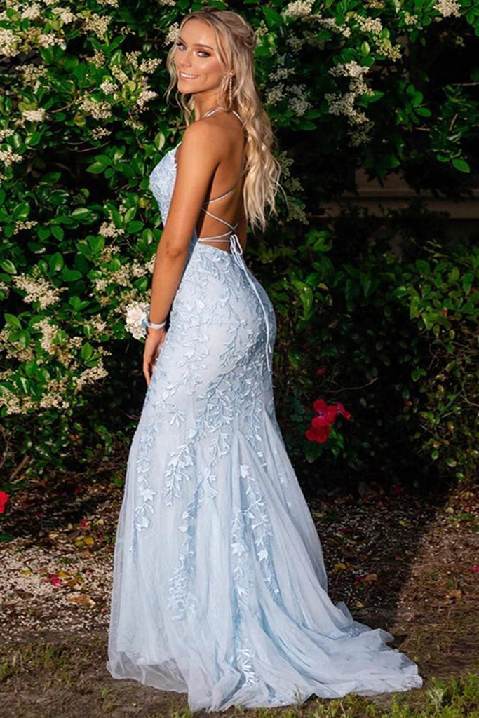 Light Blue Mermaid Lace Spaghetti Straps Prom Dresses With Appliques CHP0144