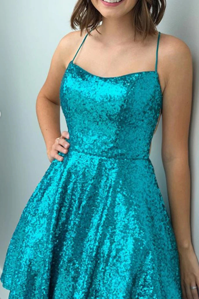Spaghetti Straps Blue Sequins Short Homecoming Dress,Mini Dress chh0064