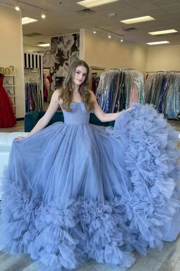 Princess Blue Tulle Strapless Lace up Prom Dresses With Layers, Sweetheart Formal Gown CHP0172