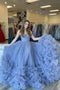 Princess Blue Tulle Strapless Lace up Prom Dresses With Layers, Sweetheart Formal Gown CHP0172