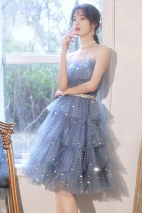Shiny Blue Tulle A-Line Spaghetti Straps Homecoming Dresses,Short Party Gowns,Hoco Dress chh0137