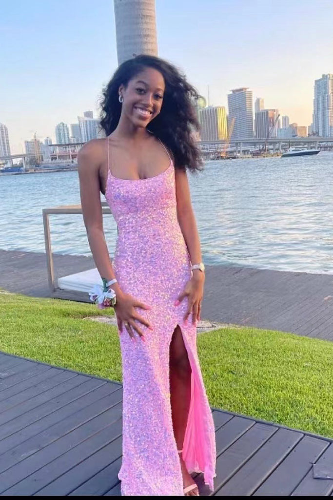 Glitter Pink Mermaid Sequins Spaghetti Straps Formal Dresses, Long Pro cherishgirls Glitter Pink Mermaid Sequins Spaghetti Straps Formal Dresses, Long Pro cherishgirls