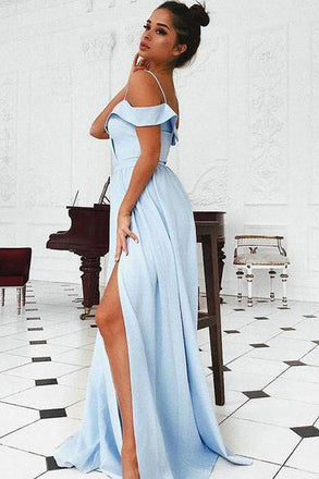 Blue Satin A Line Off-the-Shoulder Prom Dresses with Slit,,Long Evening Dress CHP0146